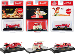 \Coca-Cola Bathing Beauties\" Set of 3 Cars with Surfboards Release 2 Limited Edition to 6980 pieces Worldwide 1/64 Diecast Model Cars by M2 Machines"