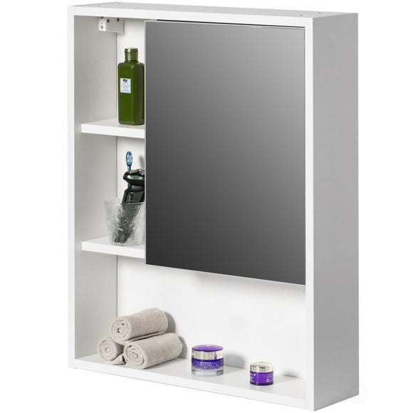 Wall Mount Bathroom Mirrored Storage Cabinet with Open Shelf | 2 Adjustable Shelves Medicine Organizer Storage Furniture for Bathrooms, Kitchens, and Laundry Room White