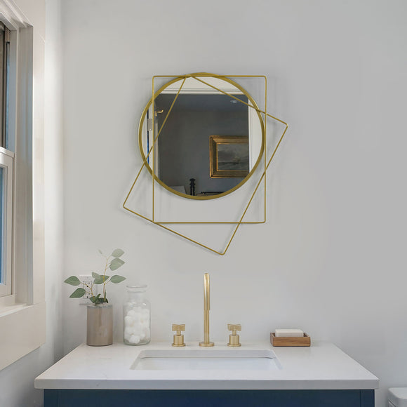 Decorative Circle with 2 Squares Shaped Gold Metal Frame Wall Mounted Modern Mirror