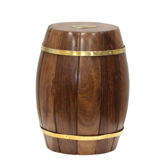 Large Wine Barrel Shaped Brown Wooden Decorative Coin Bank Money Saving Box