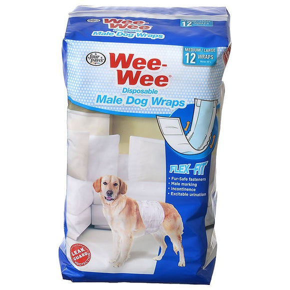 [Pack of 3] - Four Paws Wee Wee Disposable Male Dog Wraps Medium/Large - 12 Pack - (Fits Waists 15