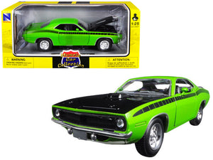 PACK OF 2 - "1970 Plymouth Barracuda Green with Black Hood and Stripes Muscle Car Collection"" 1/25 Diecast Model Car by New Ray"""