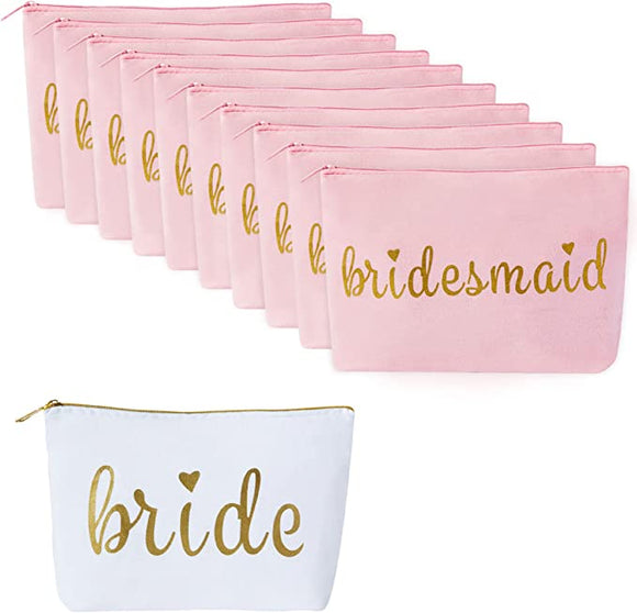 11 Piece Set - Pink Bridesmaid Canvas Makeup Bags