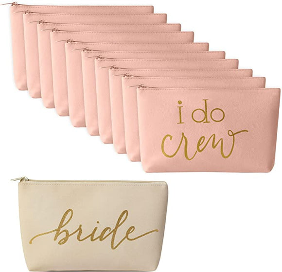 11 Piece Set - Bride & Blush Pink I Do Crew Faux Leather Makeup & Toiletry Bags
