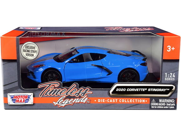 PACK OF 2 - 2020 Chevrolet Corvette C8 Stingray Blue with Silver Racing Stripes Timeless Legends
