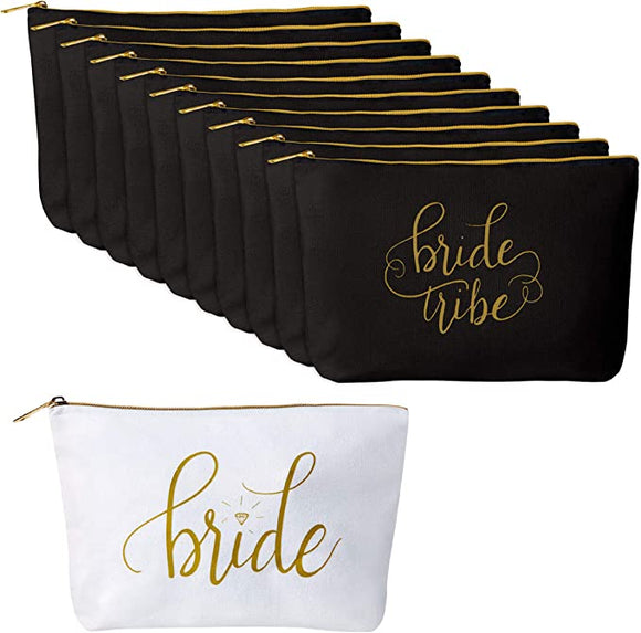 11 Piece Set - Bride and Black Bride Tribe Canvas Makeup Bags