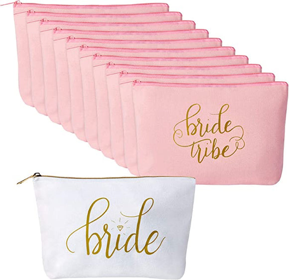 11 Piece Set of Canvas Makeup Bags for Weddings, Bachelorette Parties, and Bridal Showers