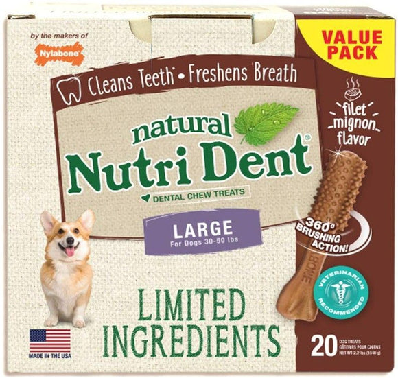 [Pack of 2] - Nylabone Natural Nutri Dent Filet Mignon Dental Chews - Limited Ingredients Large - 20 Count