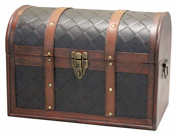 Wooden Leather Round Top Treasure Chest-Decorative storage Trunk with Lockable Latch
