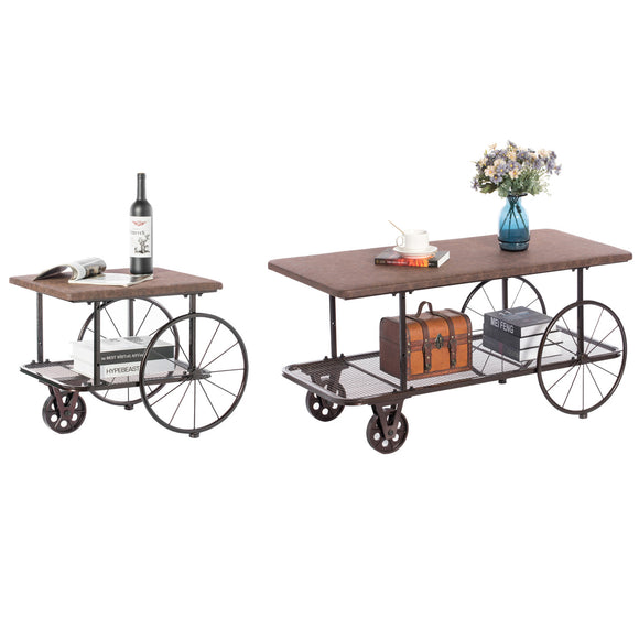 Industrial Wagon Style Coffee Table Rustic End Table Magazine Holder