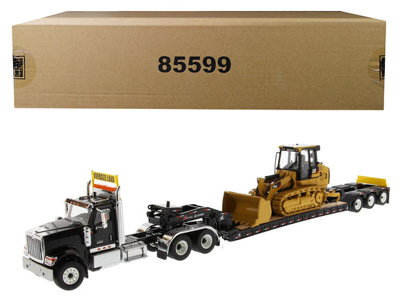 International HX520 Tandem Tractor Black with XL 120 Lowboy Trailer and CAT Caterpillar 963K Track Loader Set of 2 pieces 1/50 Diecast Models by Diecast Masters