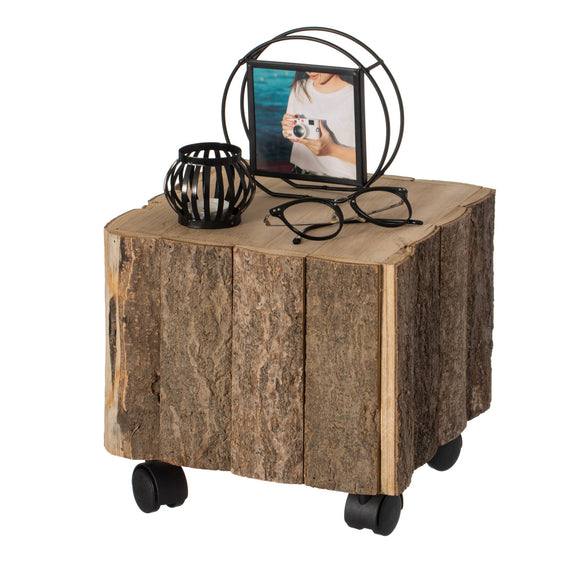 Accent Decorative Natural Wooden Square Stump Stool, with Wheels for Indoor and Outdoor