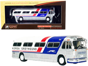 1959 GM PD4104 Motorcoach Bus \Seoul\" \"Korea Greyhound\" Silver and White with Red and Blue Stripes \"Vintage Bus & Motorcoach Collection\" 1/87 (HO) Diecast Model by Iconic Replicas"
