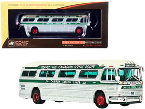 1959 GM PD4104 Motorcoach Bus \Hamilton\" \"Canada Coach Lines\" Silver and Cream with Green Stripes \"Vintage Bus & Motorcoach Collection\" 1/87 (HO) Diecast Model by Iconic Replicas"