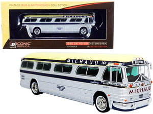 1959 GM PD4104 Motorcoach Bus \Boston\" \"Michaud Lines\" Silver and Cream with Dark Blue Stripes \"Vintage Bus & Motorcoach Collection\" 1/87 (HO) Diecast Model by Iconic Replicas"
