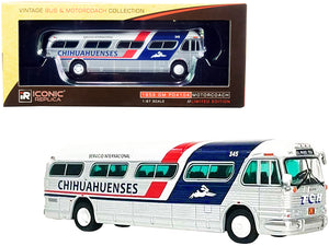 1959 GM PD4104 Motorcoach Bus \El Paso\" Texas \"Chihuahuenses\" Silver and White with Red and Blue Stripes \"Vintage Bus & Motorcoach Collection\" 1/87 (HO) Diecast Model by Iconic Replicas"