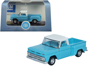 PACK OF 2 - 1965 Chevrolet C10 Stepside Pickup Truck Light Blue with White Top 1/87 (HO) Scale Diecast Model Car by Oxford Diecast