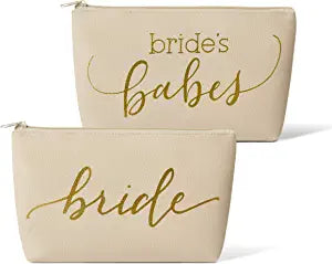 11 Piece Set - Cream Bride & Bride's Babes Faux Leather Makeup & Toiletry Bags