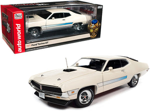 1971 Ford Torino GT Wimbledon White with Blue Laser Stripes \Class of 1971\" \"American Muscle 30th Anniversary\" (1991-2021) 1/18 Diecast Model Car by Autoworld"