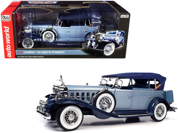 1932 Cadillac V16 Sports Phaeton Metallic Light Silver Blue and Enamel Dark Blue 1/18 Diecast Model Car by Autoworld