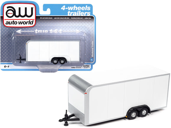 PACK OF 2 - 4-Wheel Enclosed Car Trailer White 1/64 Diecast Model by Autoworld