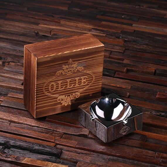 Personalized Engraved Polished Smoker’s Ashtray with Wood Box