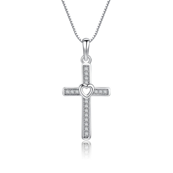 Sterling Silver Children's Cross CZ Necklace with Open Heart