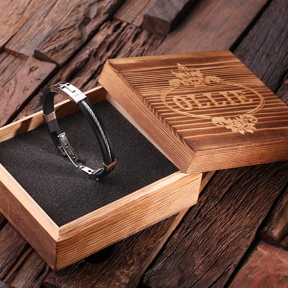 Black Personalized Leather & Stainless Steel Bracelet with Christian Motif in a Rustic Wood Box