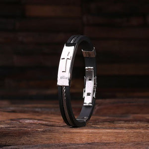 Personalized Black Leather & Stainless Steel Bracelet with Christian Motif