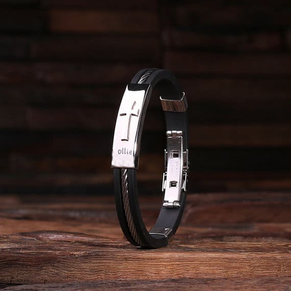 Personalized Black Leather & Stainless Steel Bracelet with Christian Motif
