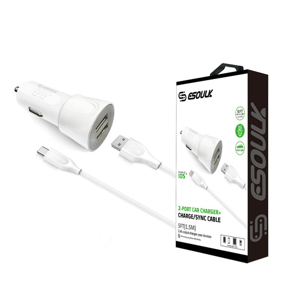 12W 2.4A Dual USB Travel Car charger With 5FT Type-C Charging Cable In White