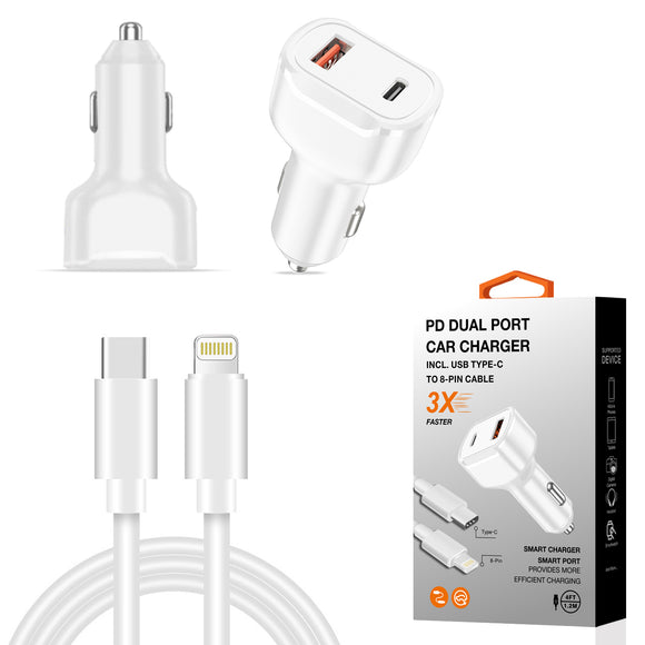 36W PD Dual Ports Travel Car Charger Adapter Fast Charging with USB-C To 8 Pin Cable
