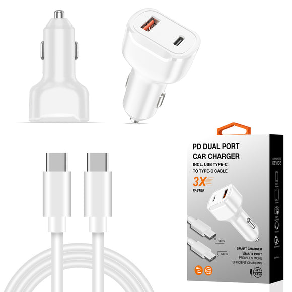 36W PD Dual Ports Travel Car Charger Adapter Fast Charging with USB-C to Type-C Cable