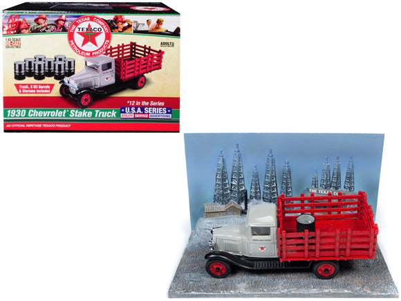 1930 Chevrolet Stake Truck with Eight Oil Barrels and Oil Derricks Diorama \Texaco\