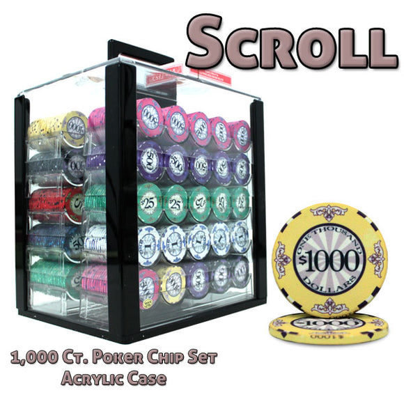 1000 Ct Scroll 10 Gram Poker Chip Set in Acrylic Case