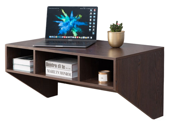 Wall Mounted Office Computer Desk with Three Compartments Brown
