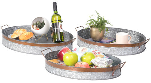 Galvanized Metal Oval Rustic Serving Tray With Handles SET OF 3