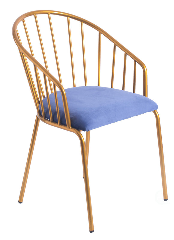Blue Silk Velvet and Gold Metal Modern Chair