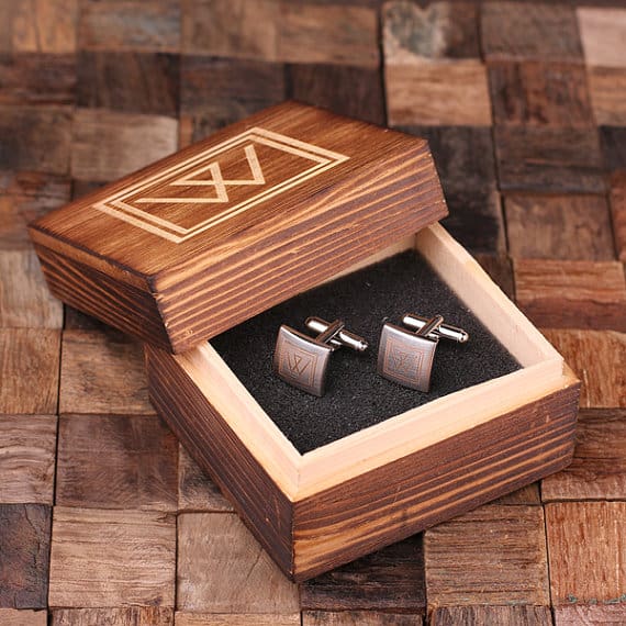 Personalized Engraved Cuff Links – Classic Square with Wood box