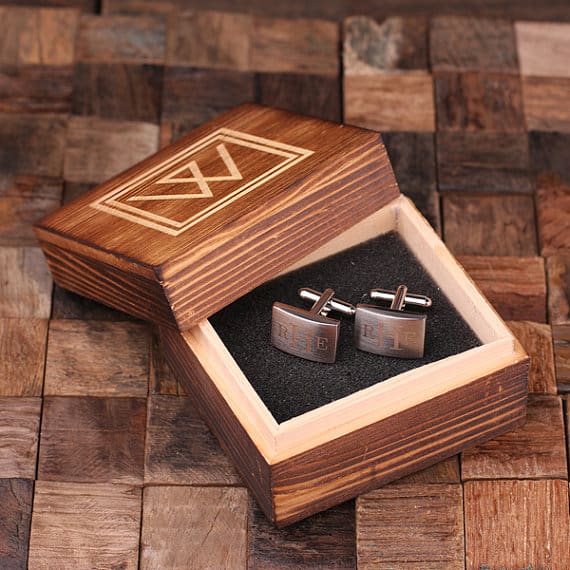 Personalized Engraved Rectangular Cuff Links with Wood Box