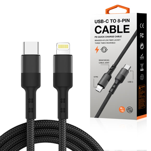 Power Delivery USB-C to 8-PIN Fast Charging & Sync Nylon-Braided 5FT Cable In Black