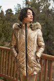 Dark Gold Glossy Finish Fitted Faux Fur Hood Chevron Padded Puffer Jacket Small