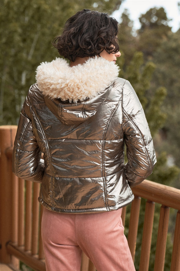 Gunmetal Long Sleeve Fuzzy Faux Fur Hood Padded Jacket X-Large