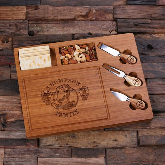 Personalized Bamboo Wood Cutting Bread Cheese Serving Tray Board with Tools