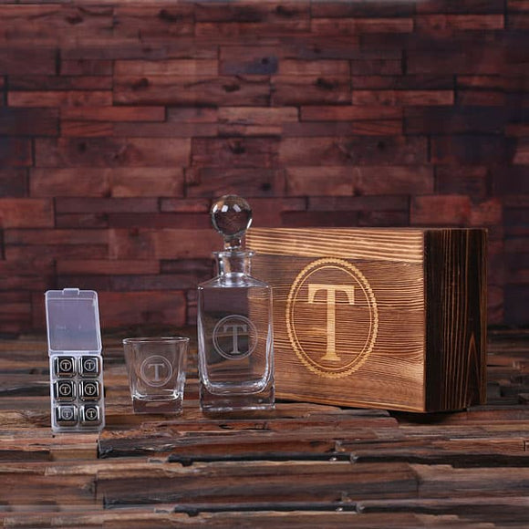 Personalized Scotch Whiskey Decanter Bottle, Glass, 6 Ice-Cubes with Wood Box