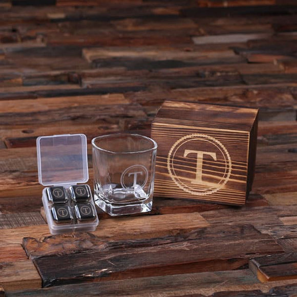 Personalized Whiskey Scotch Glass Set, Stainless Steel Ice-Cubes with Wood Box