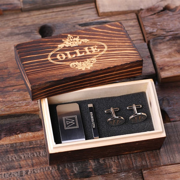 Personalized Gentleman’s Gift Set Cuff Links, Money Clip, Tie Clip and Wood Box