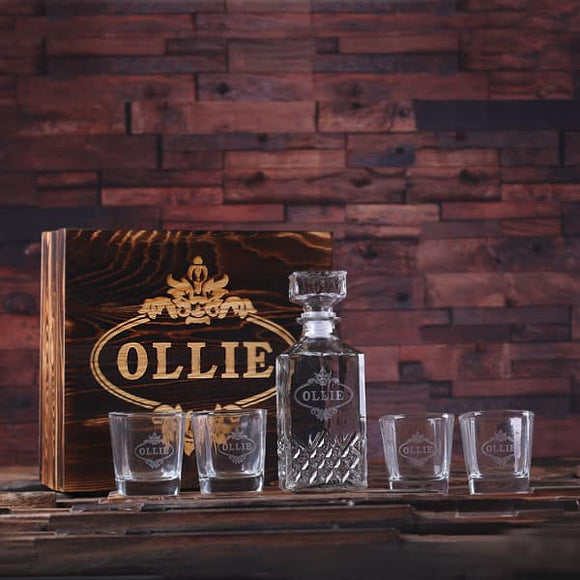 Personalized Whiskey Decanter, 4 Whiskey Glasses and Wood Box