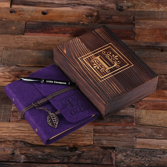Personalized Felt Journal, Pen and Rustic Wood Box