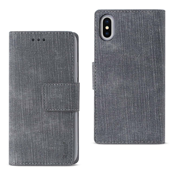 REIKO iPhone X/iPhone XS DENIM WALLET CASE WITH GUMMY INNER SHELL AND KICKSTAND FUNCTION IN GRAY